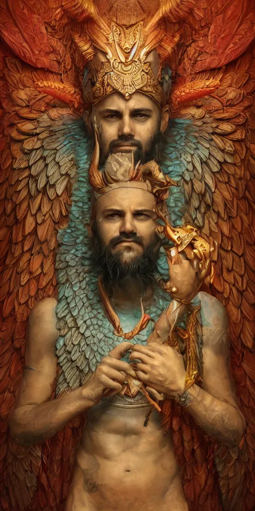 Image similar to Portrait of enki sumerian god, holding a strobilus in his left hand and wings. illustration, by James Jean, artgerm, octane render, by John Coltrane and Marc Simonetti, Manic, inspired by Greg rutkowski, colorful, high detail of the face, full body