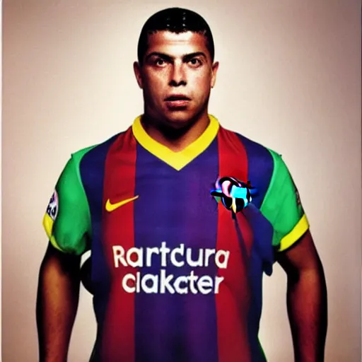 Prompt: ronaldo nazario fenomeno from fc barcelona, photograph by martin schoeller, 1 9 9 6