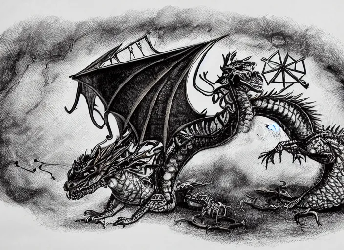 Prompt: pen and ink illustration, dragon with steam punk apparatus on its side, very fine detail, concept art, high detail, fine pen