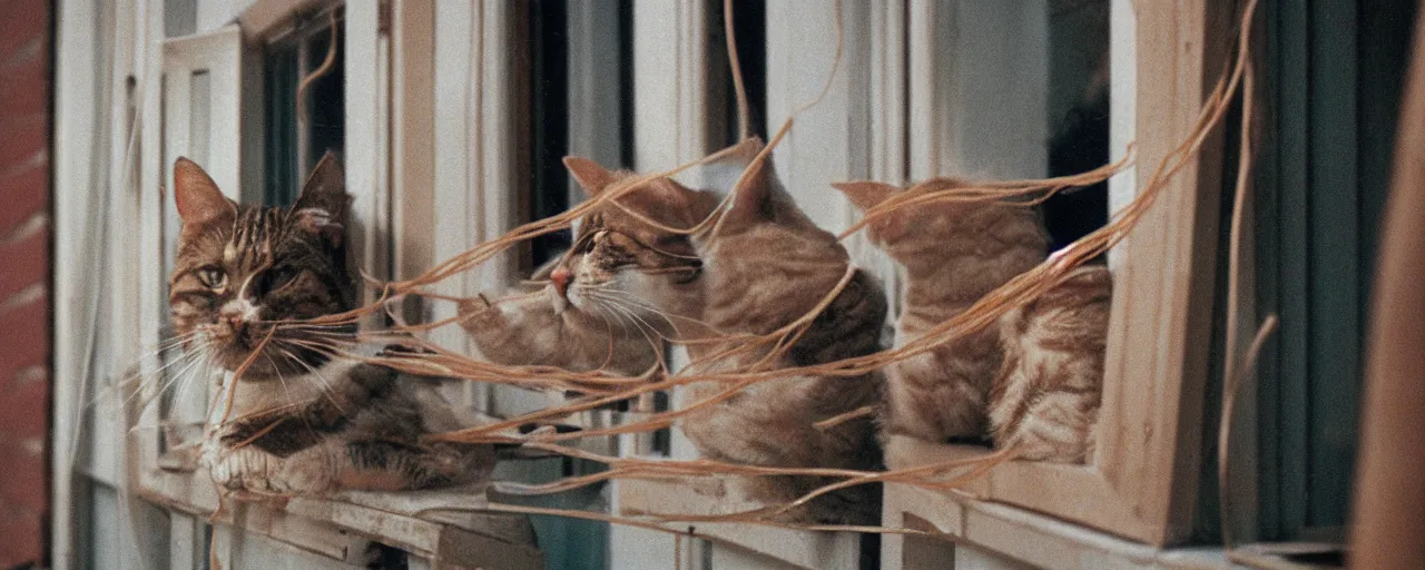 Image similar to only 1 cat playing with spaghetti on a windowsill, city apartment, small details, intricate, sharply focused, canon 5 0 mm, wes anderson film, kodachrome