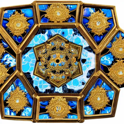 Image similar to an psychedelic intricately carved marble set with gold flourishes and diamonds of various colors in the form of hexagons against a blue ornate background