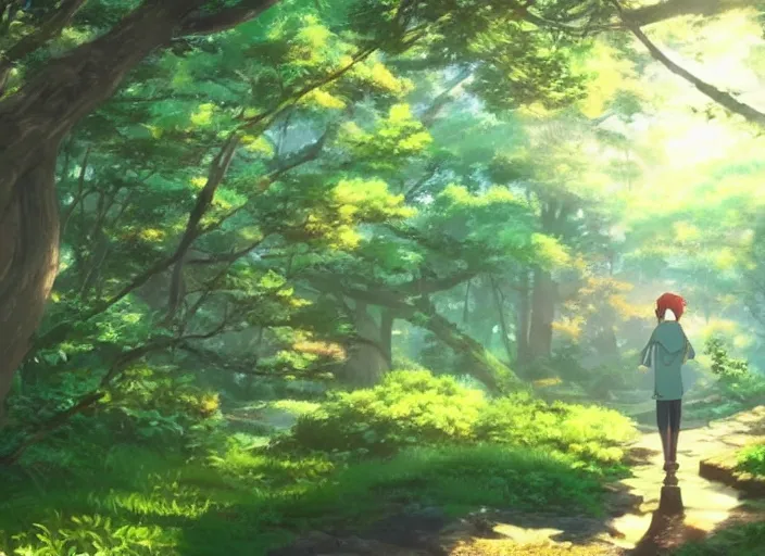 Prompt: going on a nature walk through the woods in Japan, anime scenery by Makoto Shinkai, wholesome and sunlit, discovery