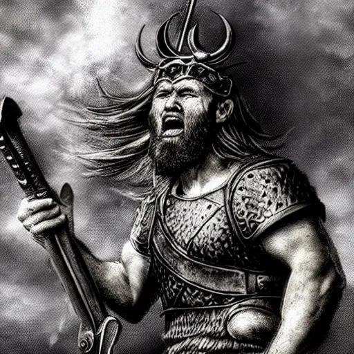Prompt: viking king, thunder background, raining, doing his warcry while holding his axe, amazing detail, sharp, neoclassicism art style