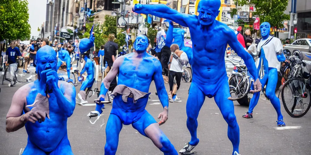 Image similar to cyclops coneheads blue men group street performers, detailed facial expressions