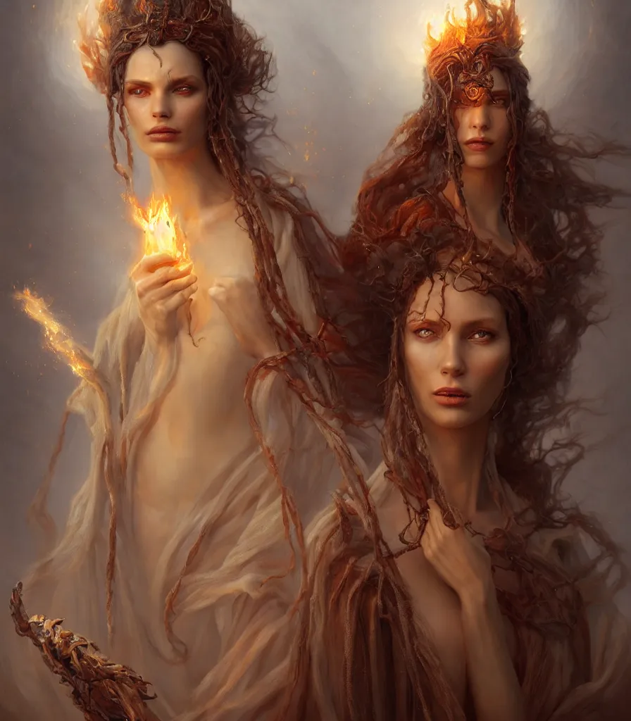 Prompt: oil portrait | full medium shot | front close - up | dressed in long rags, fire in your hair, ethereal, biblically accurate multidimensional goddess, tiny ornaments of white gold in your face, octane render, devianart, fine art, intrincate. by peter mohrbacher, marc simonetti and anna podedwor
