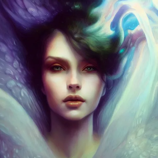 Image similar to head and shoulders portrait of an angelic creature, dark fantasy, mystic, abstract background, feminine beauty, elegant, intricate, face, medium shot, trending on artstation, volumetric light, by Fernanda Suarez and Karol Bak