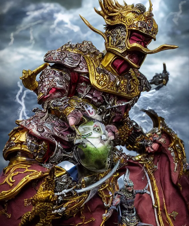 Image similar to hyperrealistic rendering, epic ornate supreme demon overlord, jewel crown, war armor battle, by art of skinner and richard corben, product photography, collectible action figure, sofubi, hottoys, storm clouds, outside, lightning