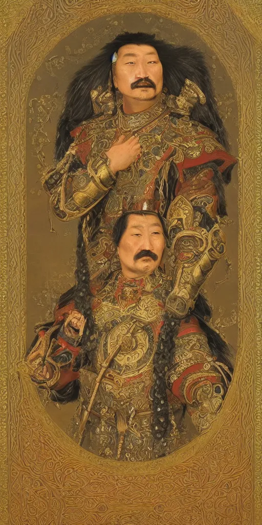 Image similar to a stunning and noble highly detailed romantic period style portrait of Genghis Khan by Josep Tapiró Baró, trending on artstation, oil painting masterpiece, symmetry, fractals, Mongolian iconography