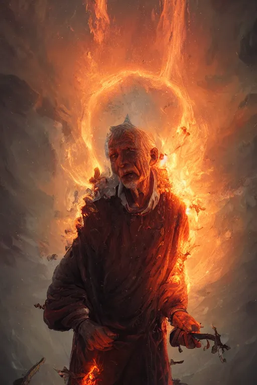 Prompt: the look of an elderly person, necromancer, witch - doctor covered with fire exploding into ice, full of wrinkles and imperfections by artgem and greg rutkowski, highly detailed, high contrast, light reflection, trippy, nebula, trending on artstation