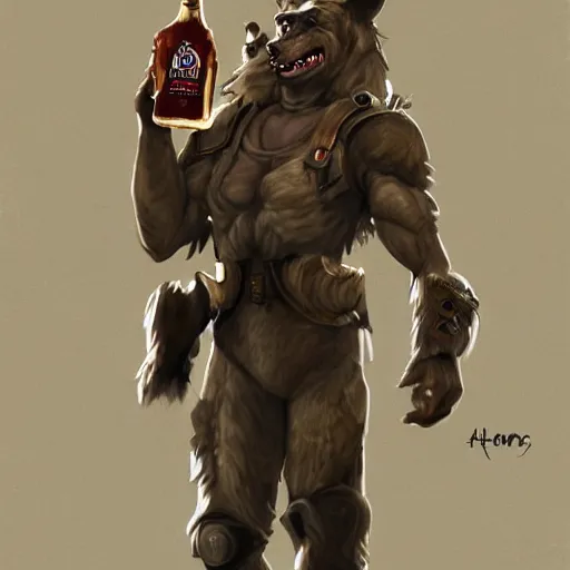 Image similar to a humanoid german shepherd beast - man in military style, holding a bottle of beer, artstation, concept art, smooth, sharp foccus ilustration, artstation