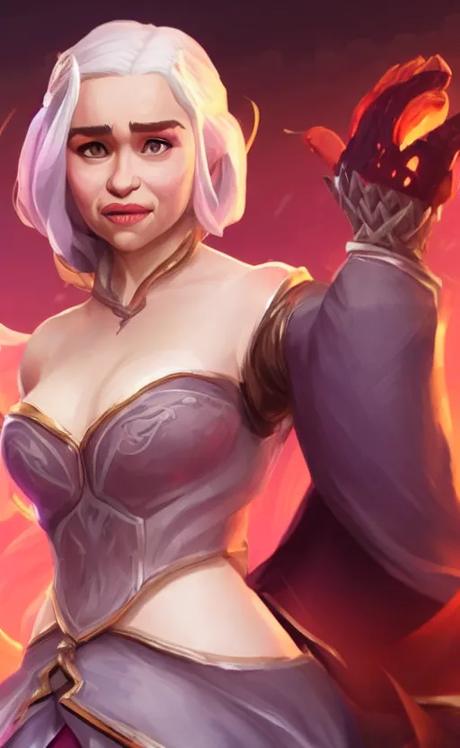 Image similar to Emilia Clarke as a character in the game League of Legends, with a background based on the game League of Legends, smiling, detailed face, old 3d graphics