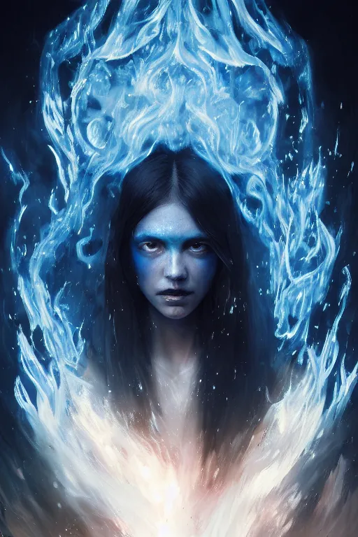 Prompt: a beautiful portrait of a young Demon women covered in blue and white flames with an intense look on her face by Greg Rutkowski, Sung Choi, Mitchell Mohrhauser, Maciej Kuciara, Johnson Ting, Maxim Verehin, Peter Konig, Bloodborne , 8k photorealistic, cinematic lighting, HD, high details, atmospheric , trending on artstation
