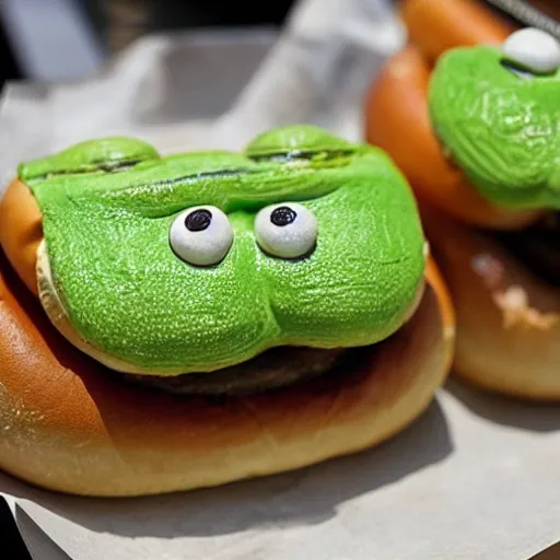 Image similar to pepe the frog in a hot dog bun piled on a grill