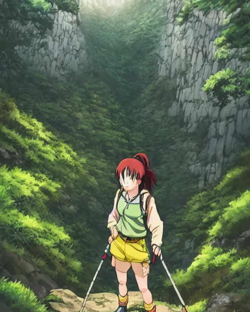 Image similar to a girl hiking the appalachian mountains, full shot, visible face, ambient lighting, detailed, very modern anime style, art by akira toriyama, eiichiro oda, hayao miyazaki, kentaro miura, masashi kishimoto