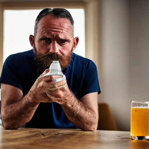 Image similar to a 4 5 years old man, depressed, drinking ginger beer