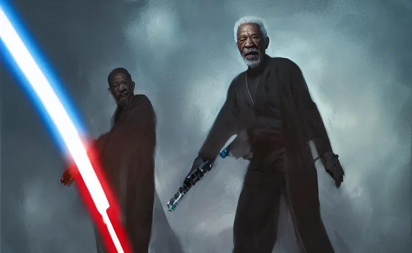 Image similar to morgan freeman holding a lightsaber, water landscape, dramatic lighting, cinematic, establishing shot, long full body shot, extremly high detail, photorealistic, cinematic lighting, post processed, concept art, artstation, matte painting, style by greg rutkowsky