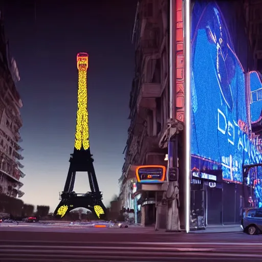 Image similar to A beautiful intricate 8K award-winning ground-level cinematic movie photograph of the future destroyed and decaying Eiffel Tower made of neon, surrounded by broken corporate video billboard displays. in the year 2050, by Bruno Delbonnel and greg rutkowski. Arri Alexa 65, IMAX 70mm footage. Dirty billboards. Cinematic lighting