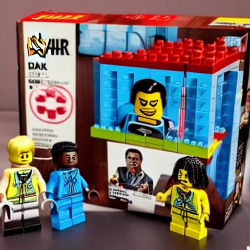 Prompt: a jonestown lego set with jim jones holding coolaid