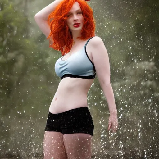 Prompt: Christina Hendricks with wet large sports bra running, realistic photo shoot, raining, 4k, realistic,