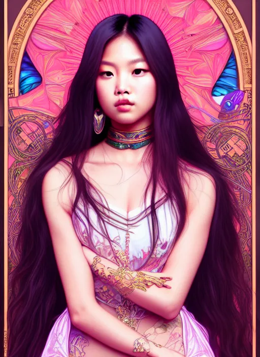 Image similar to jennie kim of blackpink, queen, tarot card, highly detailed, digital painting, smooth, sharp focus, illustration, ultra realistic, unreal engine, 8 k, art by artgerm and alphonse mucha