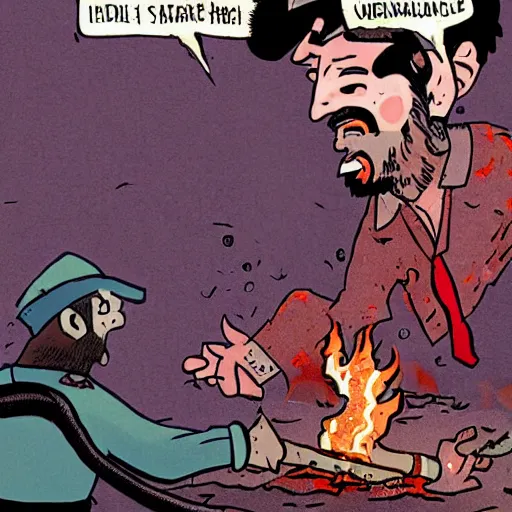 Prompt: Captain Haddock caught in an alcohol fire, zombies, body horror