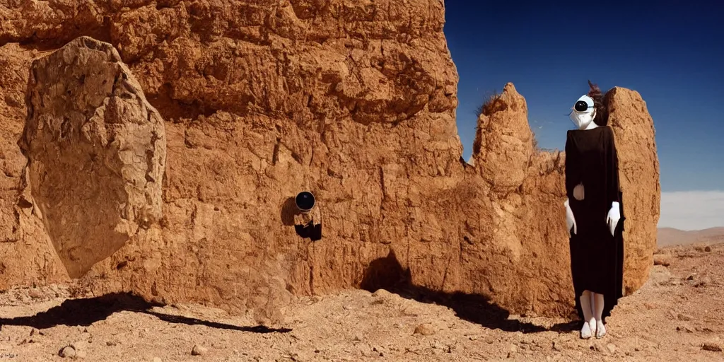 Image similar to levitating woman with full - face golden mask in a dry rocky desert landscape, visible sky and sunny atmosphere, fata morgana and giant square mirrors by alejandro jodorowsky, anamorphic lens, kodakchrome, practical effects, masterpiece, 8 k