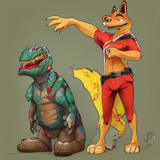 Image similar to in the style of artgerm, loish and ross tran, anthropomorphic alligator, red scales on his back, yellow scale on his belly and chest, male, waring a hawaiian shirt, in the style of zootopia