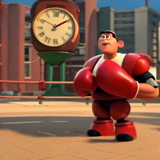 Prompt: still frame from a pixar film. in the scene, a tired man stands in a defensive boxing pose, he is fighting against a giant, 6-foot tall robot that is shaped like an alarm clock. epic. cinematic. atmospheric.