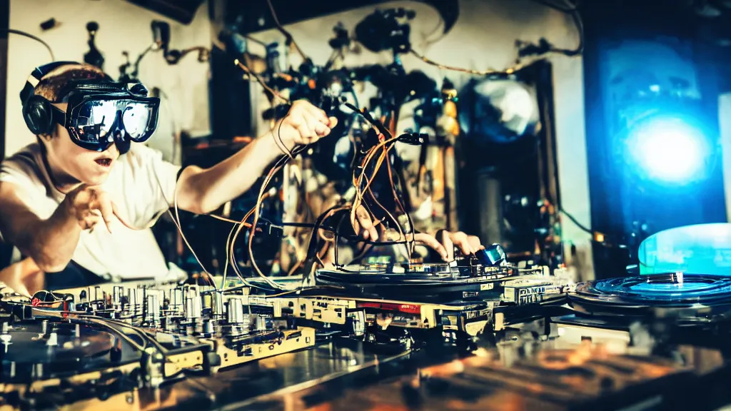 Image similar to a person wearing goggles and visor and headphones using a steampunk record player contraption, wires and tubes, turntablism dj scratching, intricate planetary gears, complex, cinematic, imax, sharp focus, iridescent