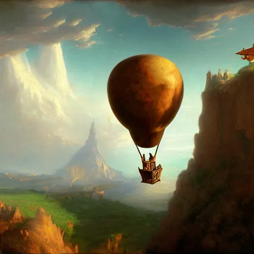 Image similar to a medievalpunk flying vehicle with an air balloon and bat like wings, matte painting, by thomas Cole, James Gurney, Craig mullins, RHADS, Trending on Artstation