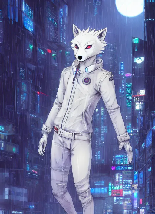 Prompt: character portrait of a male anthro albino wolf fursona with a tail and a cute beautiful attractive detailed furry face wearing stylish cyberpunk clothes in a cyberpunk city at night while it rains. hidari, color page, tankoban, 4K, tone mapping, Akihiko Yoshida.