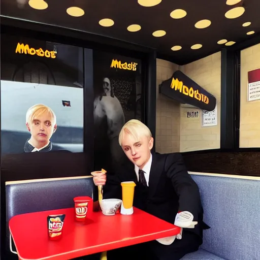 Image similar to Draco Malfoy and Eddie Munson sitting at a booth in McDonalds, McDonalds interior background, photo