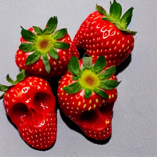 Prompt: strawberry with tiny human skulls for seeds