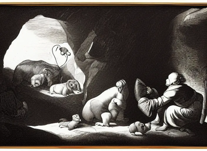 Image similar to Pieter Claesz's 'looking into dark cave and seeing a mother bear and her cubs sleeping', night time, cross hatching, framed