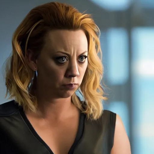 Image similar to Kaley Cuoco as Black Widow in Iron Man, movie screencap