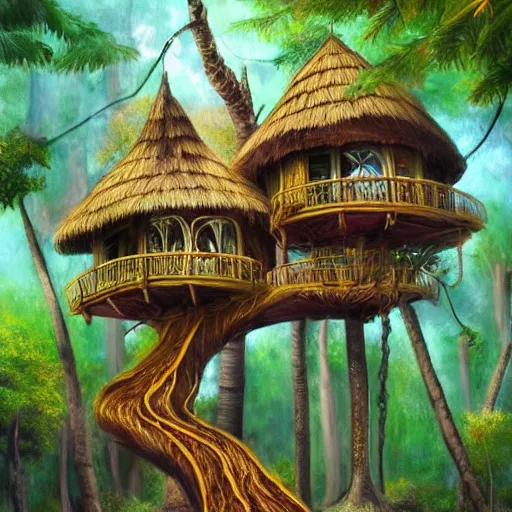 Image similar to fancy treehouse in the enchanted forest detailed magical realism photo realistic painting 8k trending on artstation with colorful tropical flowers and palm trees