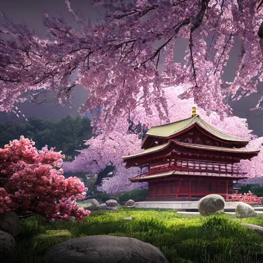 Prompt: Temple under Sakura Trees, photorealistic, hyper detailed, 8k, beautiful artwork, fantastic landscape, magical fairy landscape, volumetric lighting, octane render