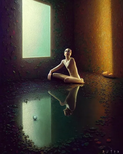 Image similar to a hyper - detailed 3 d render like a oil painting of seeing your true self in a magic mirror, surrealism!!!!! surreal concept art, lifelike, photorealistic, digital painting, aesthetic, smooth, sharp focus, artstation hd, by greg rutkowski, bruce pennington, valentina remenar and asher duran,