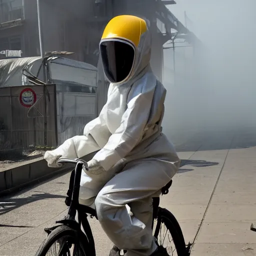 Image similar to a photo of a female wearing a hazmat suit, riding a bike, side-view, smoke in the background, filthy streets, broken cars. Vines growing. Jpeg artifacts. Full-color photo. Color color color color color. Award-winning photo. OM system 12–40mm PRO II 40mm, 1/100 sec, f/2 8, ISO 800