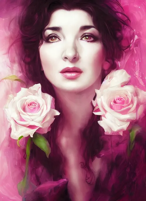 Image similar to portrait of kate bush against a neon pink background, lush black hair, pale skin, white roses, flowing material, intricate, beautiful cinematic lighting, stunning painting by artgerm, caravaggio, android jones, wadim kashin