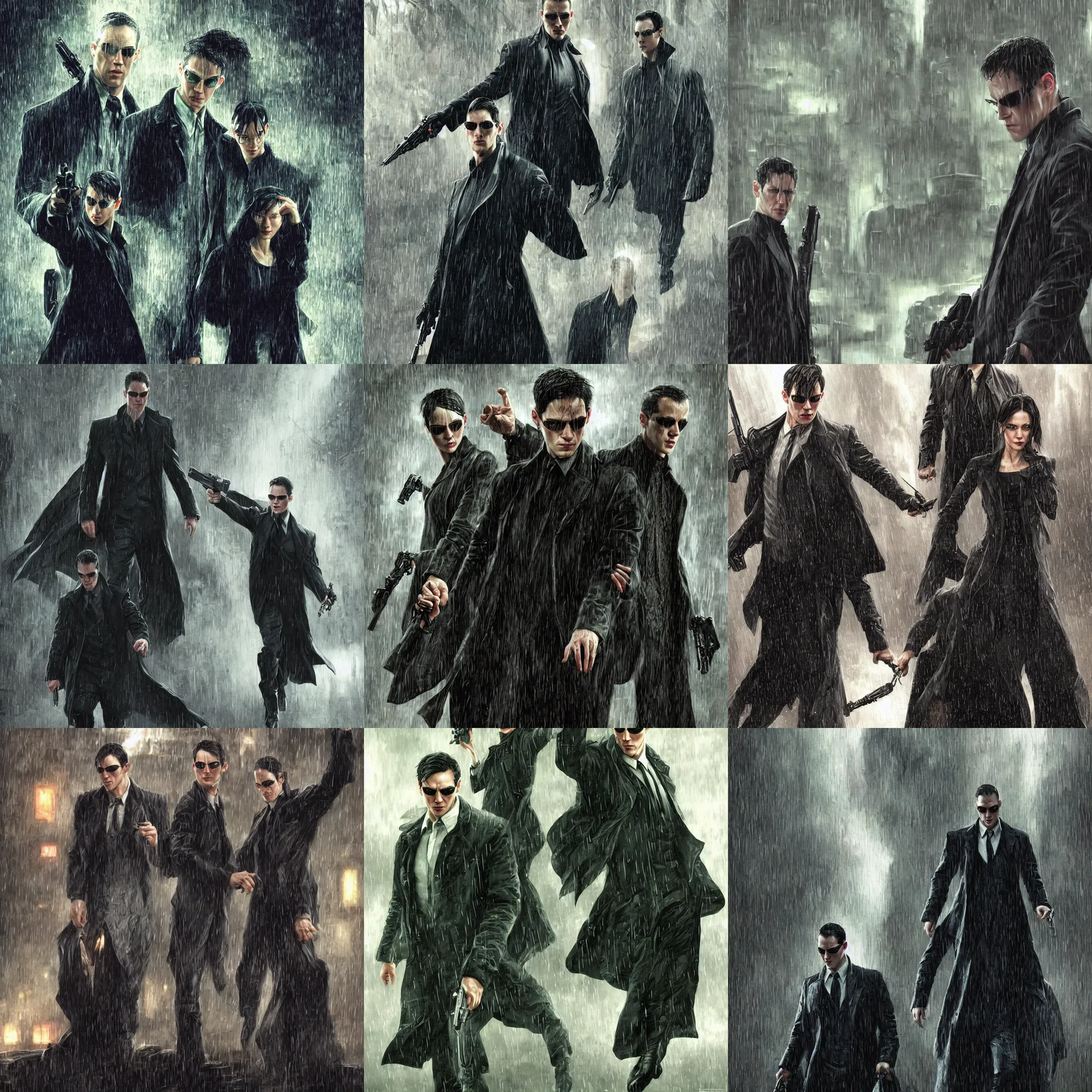 Prompt: Agents from the matrix movie, Mr. Anderson is fighting with thousand of agents in heavy rain, D&D, scifi, portrait, highly detailed, digital painting, artstation, concept art, sharp focus, illustration, art by artgerm and greg rutkowski and magali villeneuve and alphonse mucha,Lucas Graciano, digital art, steve argyle, peter Mohrbacher, Davi Blight, orientalism and bouguereau and Zdzislaw Beksinski