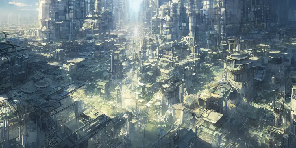 Prompt: solarpunk city, Makoto Shinkai, anime, trending on ArtStation, digital artmatte painting, concept art, illustration, oppressive lighting, trending on artstation, very detailed