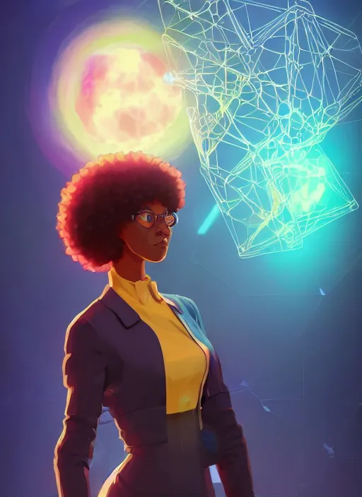 Image similar to afro - futurist scientist in a lab studying holographic schematics + medium length shot | hyperrealistic digital painting by makoto shinkai, ilya kuvshinov, lois van baarle, rossdraws | afrofuturism, in the style of hearthstone, trending on artstation | blue palette