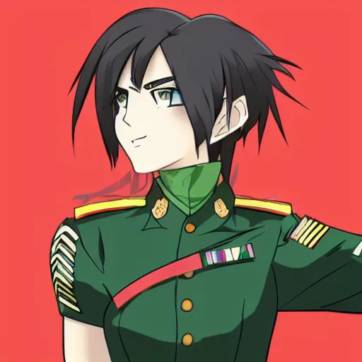 Image similar to brunette woman, bright green eyes, short hair, flipped out hair, military uniform, anime style