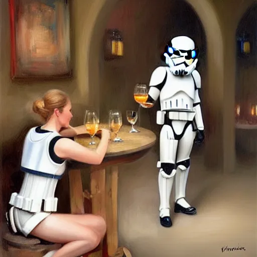 Image similar to stormtrooper and hot blonde drinking wine in a cellar, romantic, cozy, inviting, detailed, beautiful, atmospheric, impressionism, painting by vladimir volegov, inspired by ralph mcquarrie