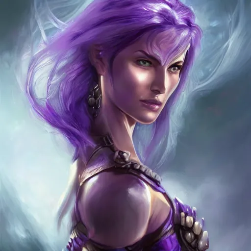 Image similar to perfectly centered portrait, front view of a beautiful woman in bionic amethyst armor, female, flowing purple hair, intense stare, stoic, symmetrical, concept art, intricate detail, volumetric shadows and lighting, realistic oil painting magic the gathering style,