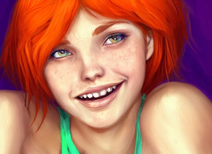 Image similar to portrait of a beautiful smiling girl with orange hair and freckles, green eyes, highly detailed, digital painting, concept art, smooth, sharp, focus, background is purple, trending on deviantart, by Jacqueline E