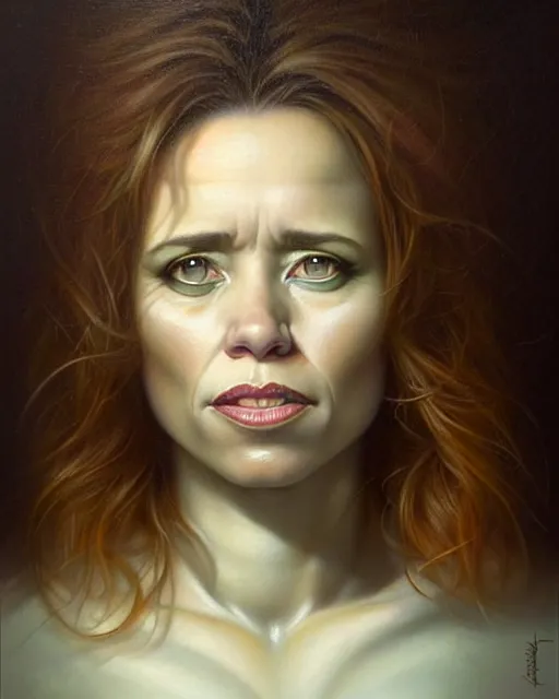 Image similar to detailed portrait of linda cardellini cannelloni!! spinach! ricotta! by tomasz alen kopera and peter mohrbacher and johanna martine! and margaret keane! coherent luminescent