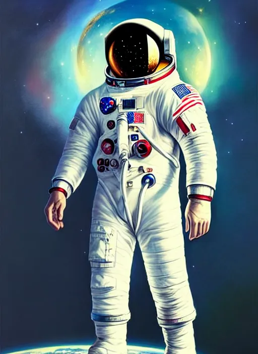 Image similar to astronaut in the style of stefan kostic, realistic, full body shot, wide angle, sharp focus, 8 k high definition, insanely detailed, intricate, elegant, art by stanley lau and artgerm, floating embers