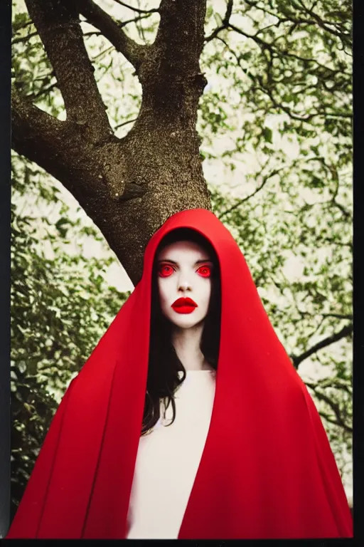 Prompt: An instax tilted 35° film still of a girl wearing red cape featured in Vogue and GQ editorial fashion photography, color splash, beautiful eye, symmetry face, Long shot wide shot full shot, haute couture dressed by Givenchy and Salvatore Ferragamo, Canon EF 85mm f/1.4L IS USM, in porcelain and metal and lush branch